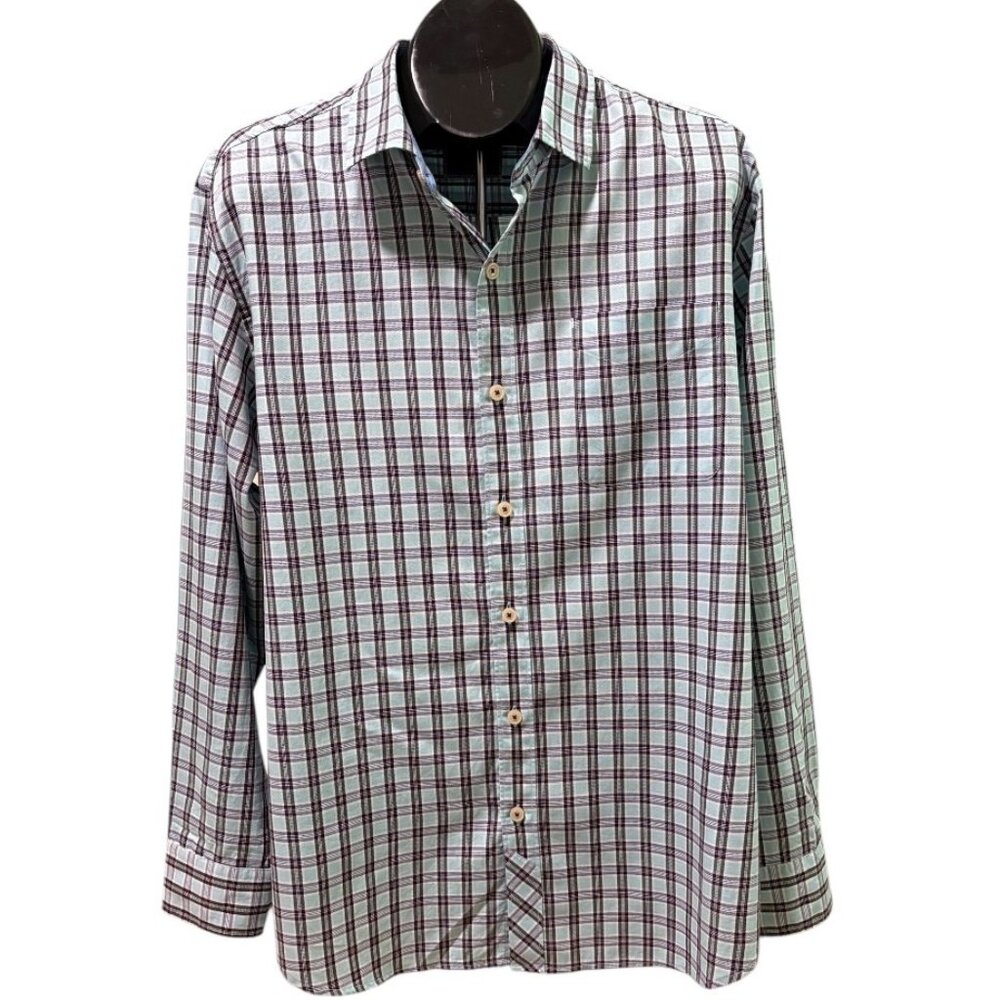 Tommy Bahama Blue Plaid Shirt Men's L Long Sleeve Button Up EUC